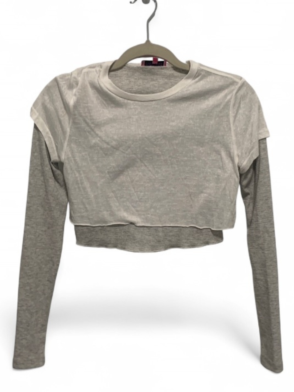 Edikted Two-Tone Layered Cropped Long Sleeve Top - White & Light Gray